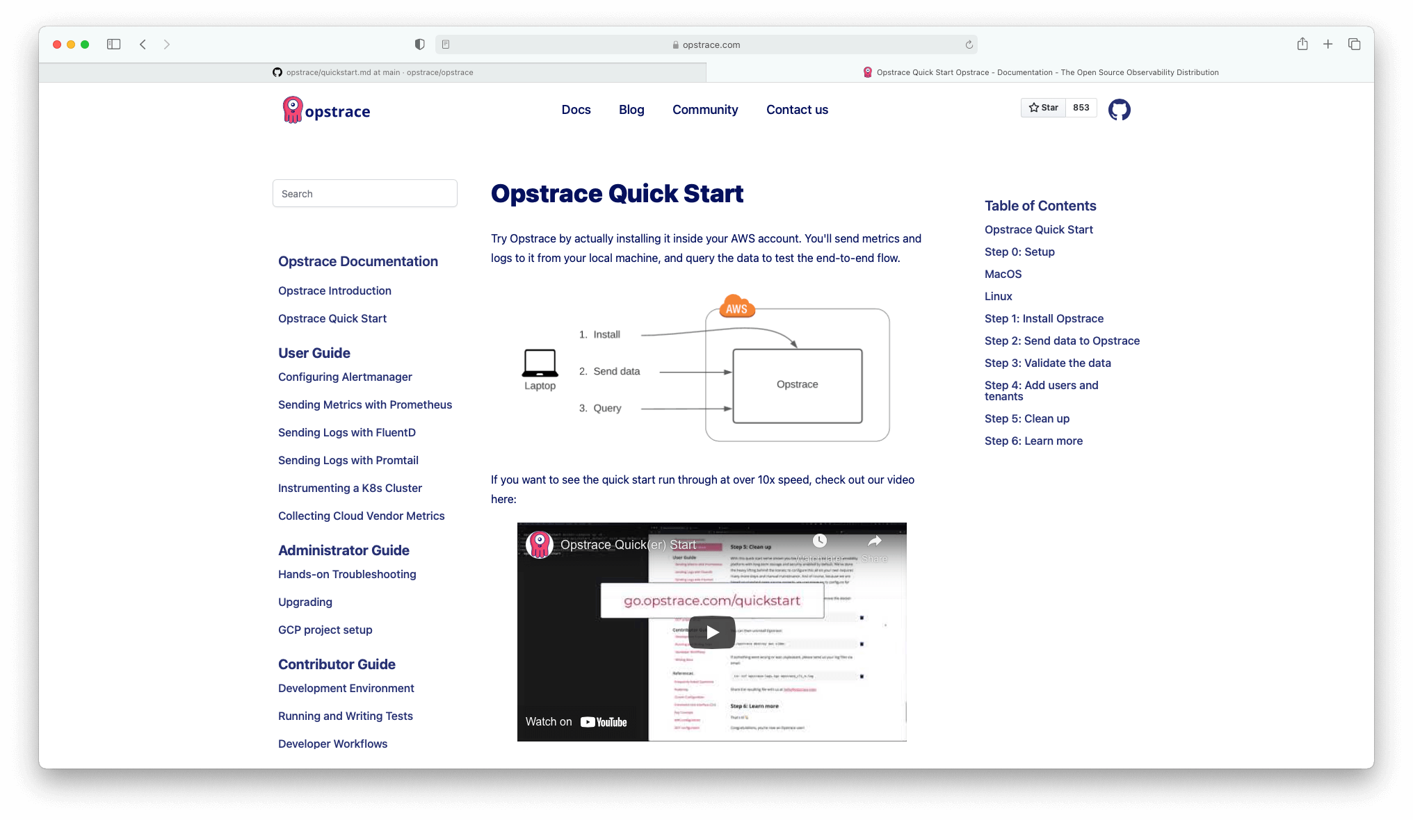 the opstrace quickstart guide on the website