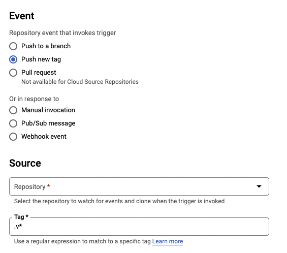 screenshot of cloud build trigger settings