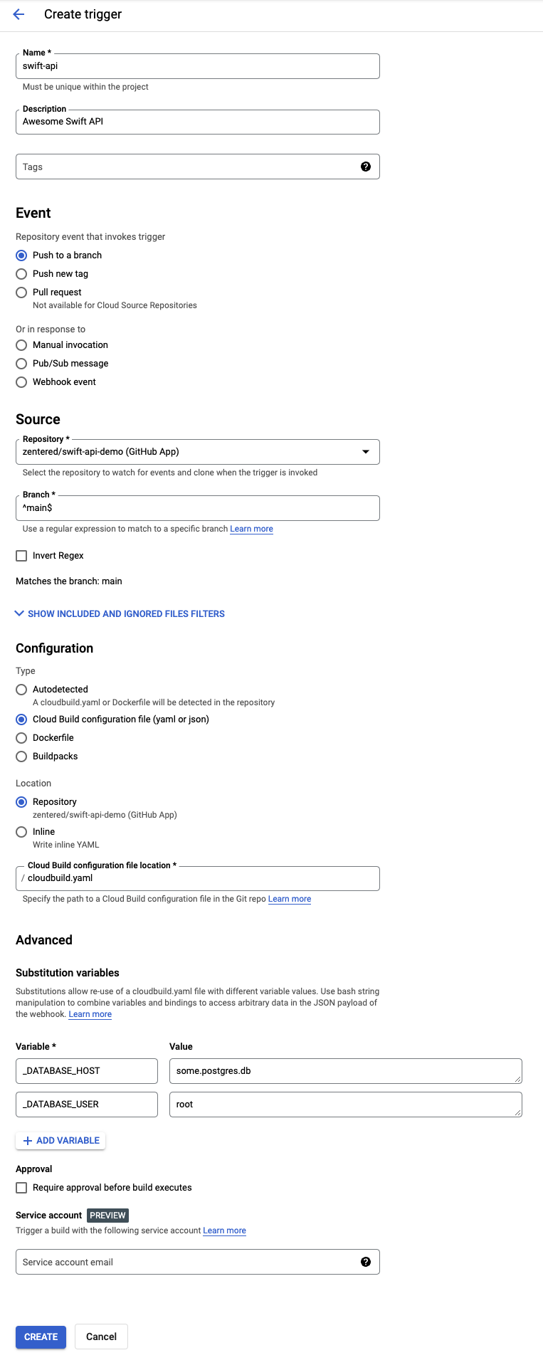 screenshot of cloud build trigger settings