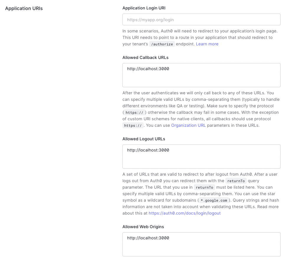 auth0 application settings for allowed callback and origin urls