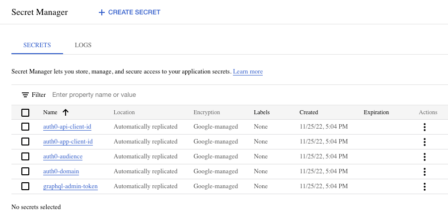 screenshot of gcp secrets manager