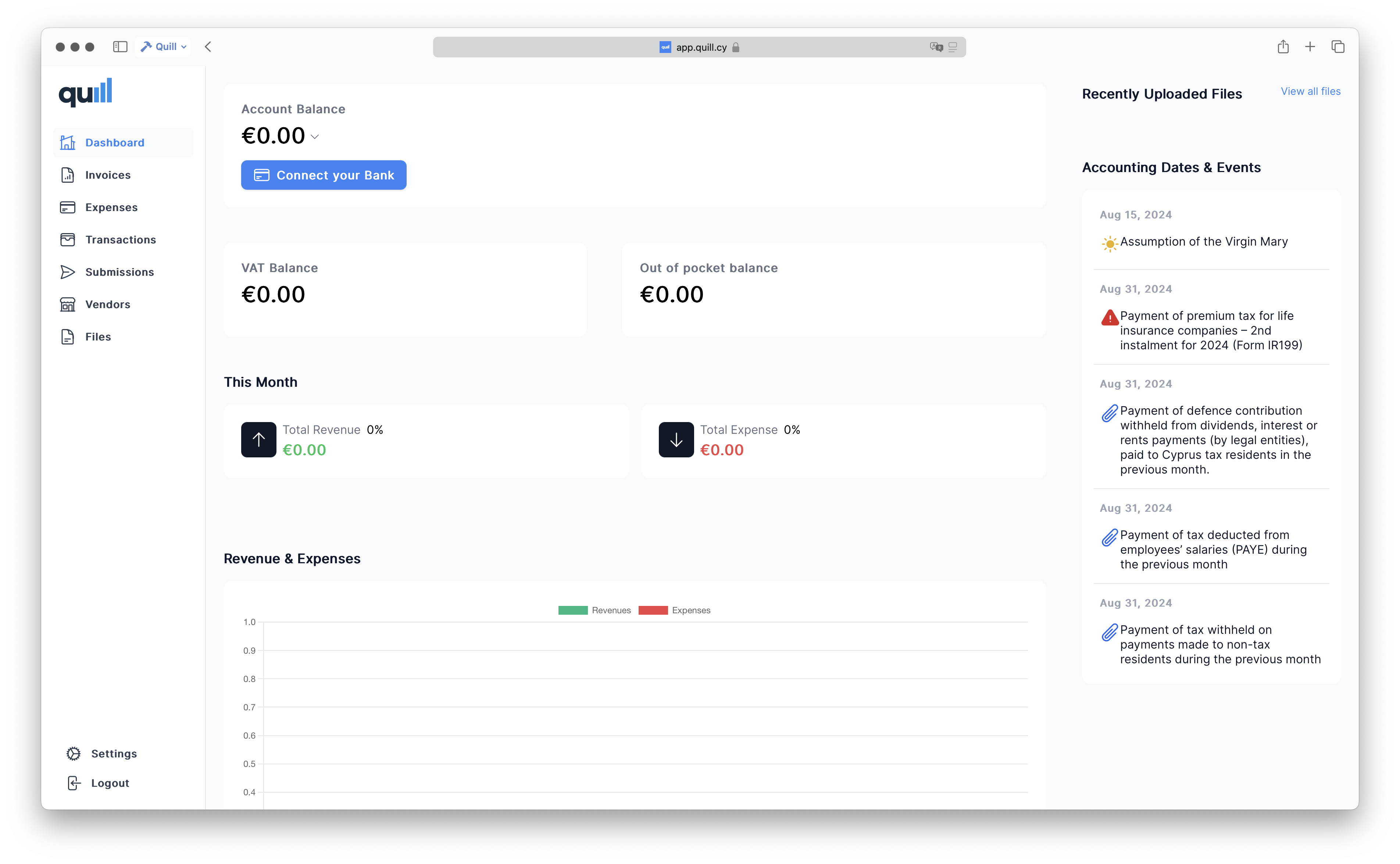 Quill Accounting dashboard showing account balance, VAT balance, revenue and expenses chart, and upcoming accounting dates for Cyprus