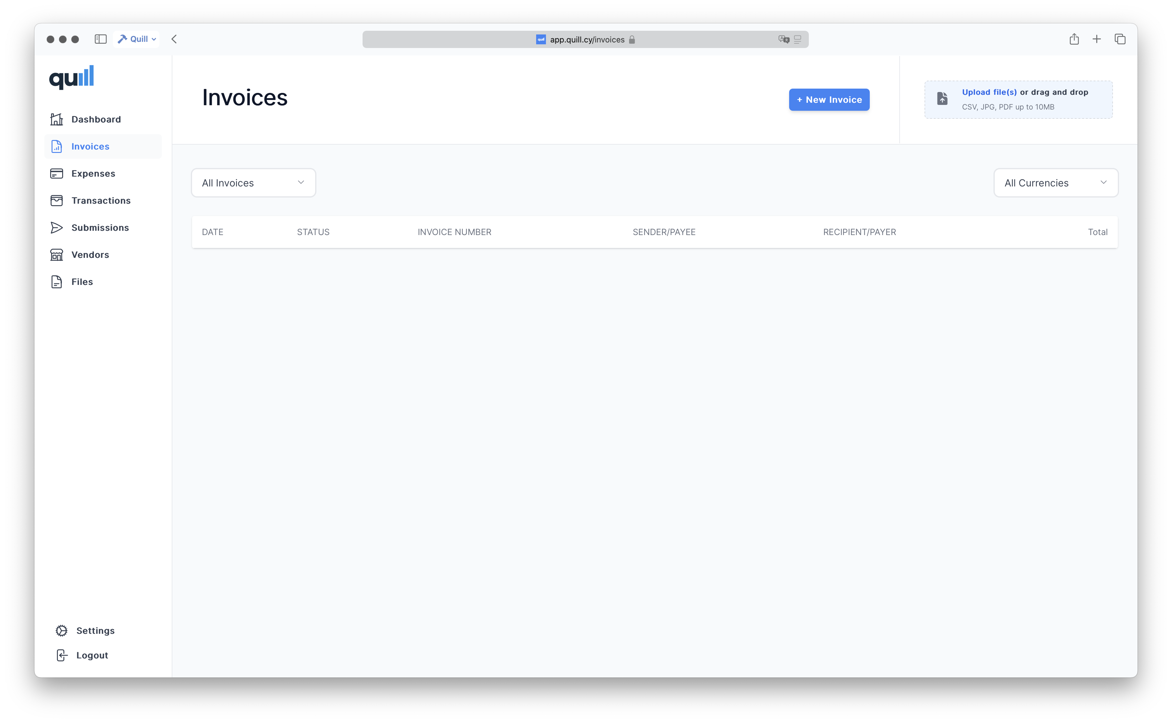 Quill invoices management page with table columns for date, status, invoice number, sender/payee, recipient/payer and total, with filters for invoice type and currency