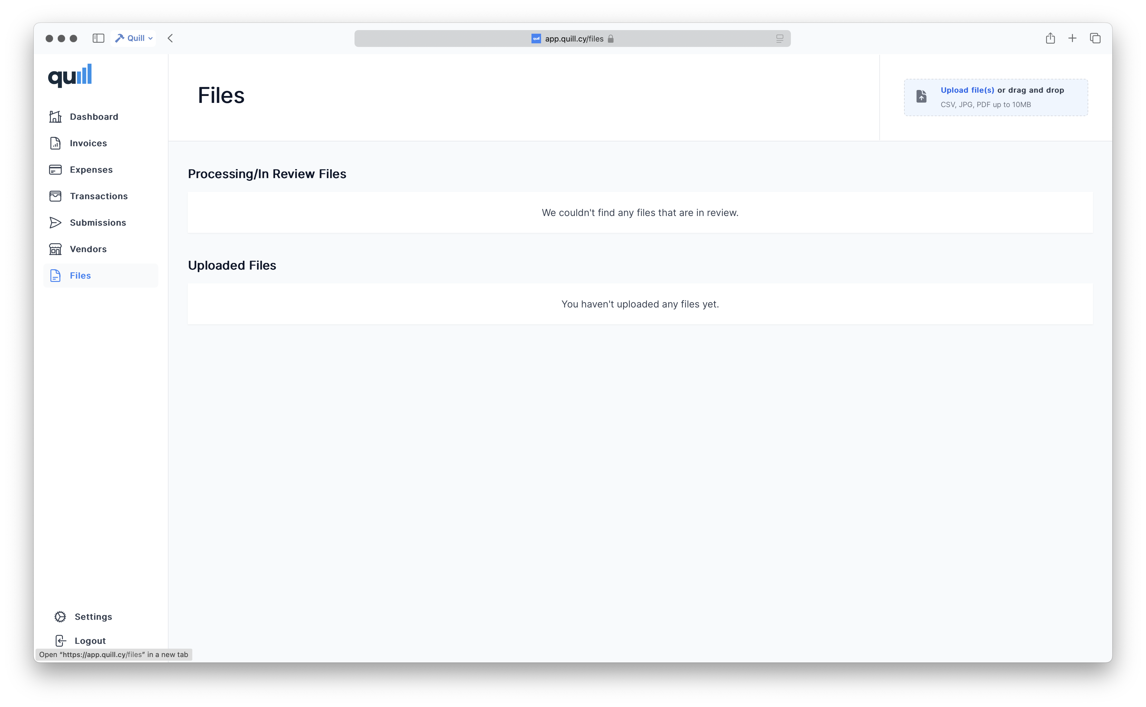 Quill settings page showing user profile, email address, and accounting firm configuration where users can link their accountant for document submissions and collaboration