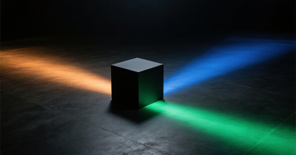 A single matte black cube on a dark studio floor, with three separate beams of light radiating outward from it in amber, blue, and green