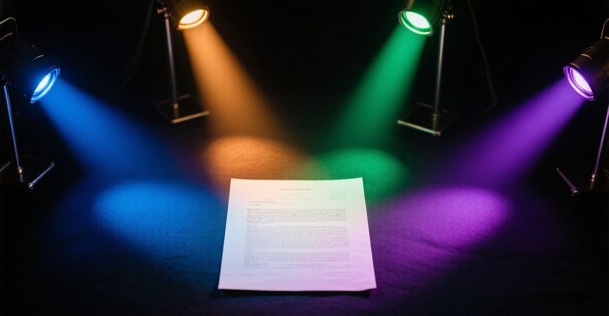 Four colored spotlights - blue, amber, green, and violet - illuminate a single document from different angles on a dark surface