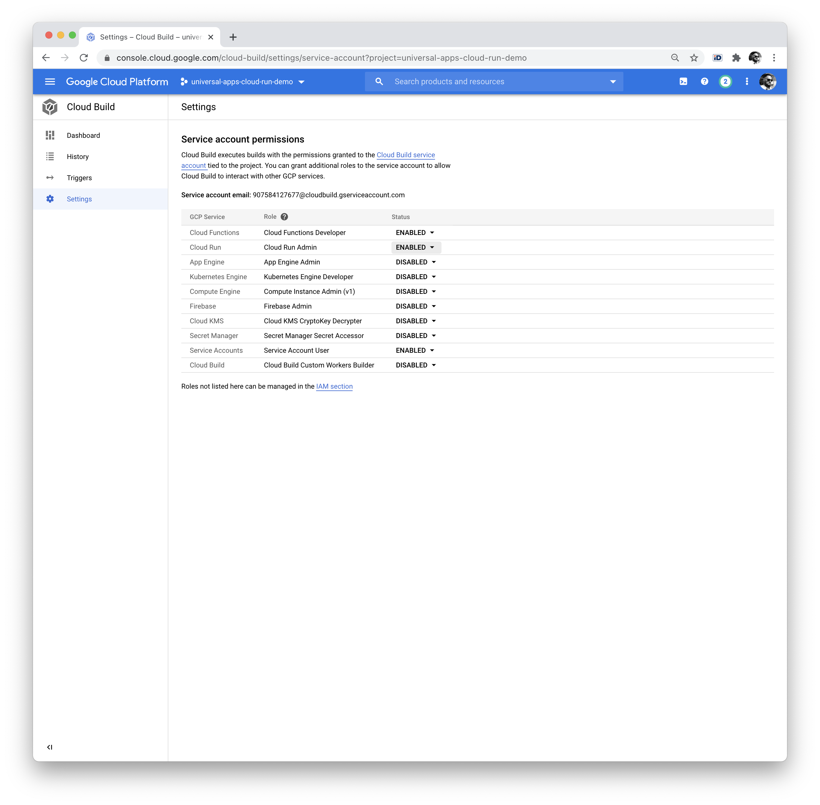 cloud build settings