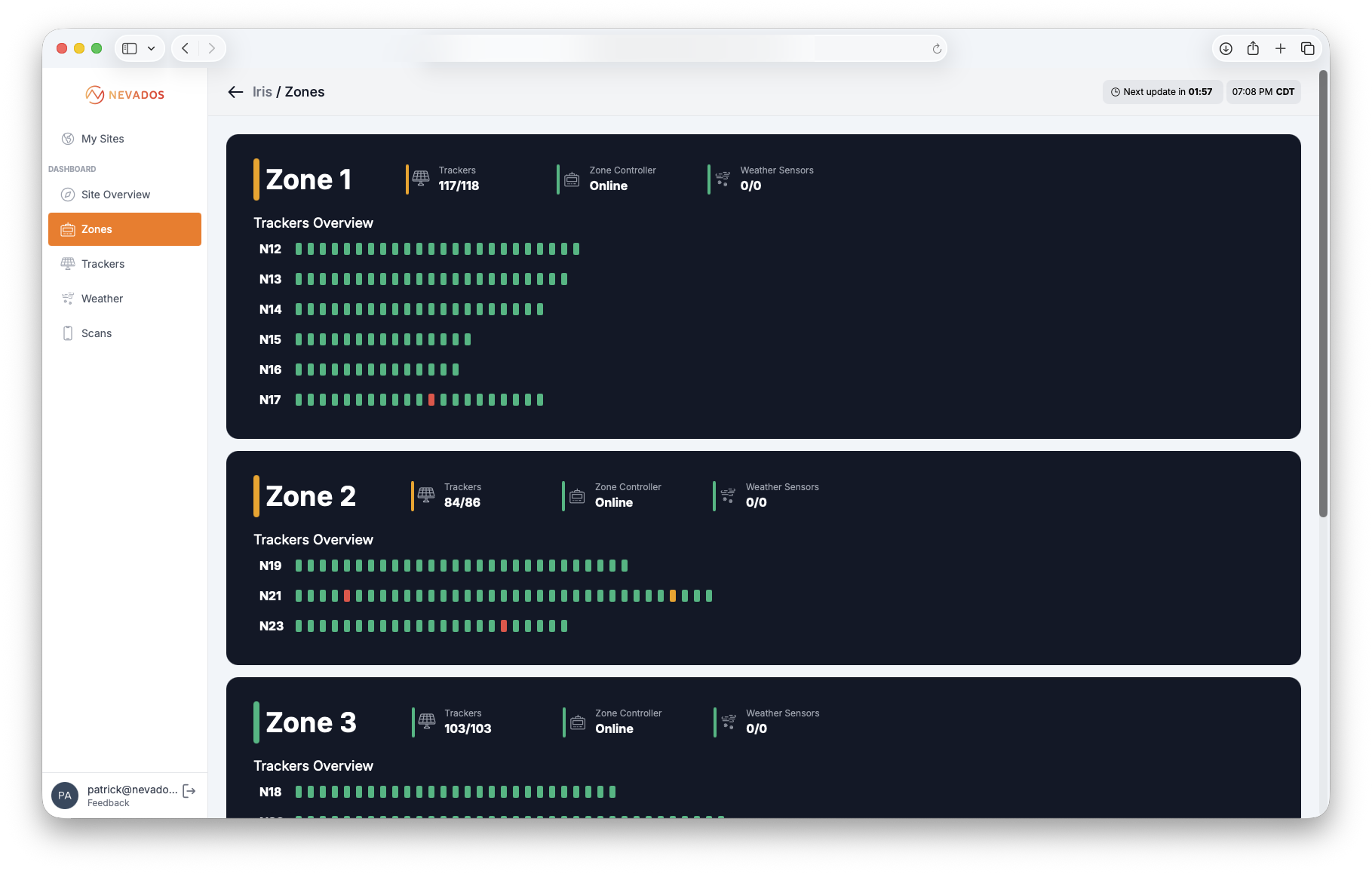 Nevados zones view listing Zone 1 (117/118 trackers), Zone 2 (84/86 trackers), and Zone 3 (103/103 trackers), each with a row-by-row tracker health grid. Individual tracker rows show green for healthy units and red or amber indicators where attention is needed.